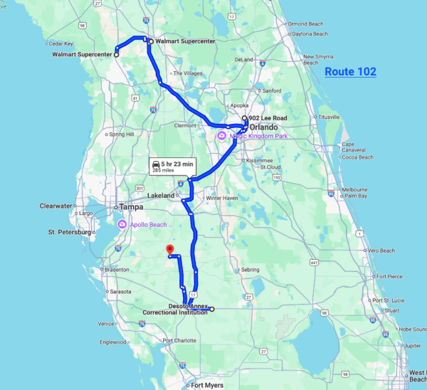 Route 102: 01/18/25 - Dunnelon, Ocala, Orlando​ To Desoto Work Camp  & Hardee C.I.